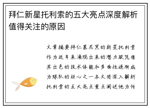 拜仁新星托利索的五大亮点深度解析值得关注的原因