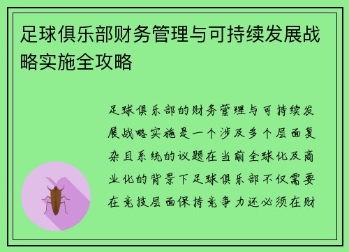 足球俱乐部财务管理与可持续发展战略实施全攻略
